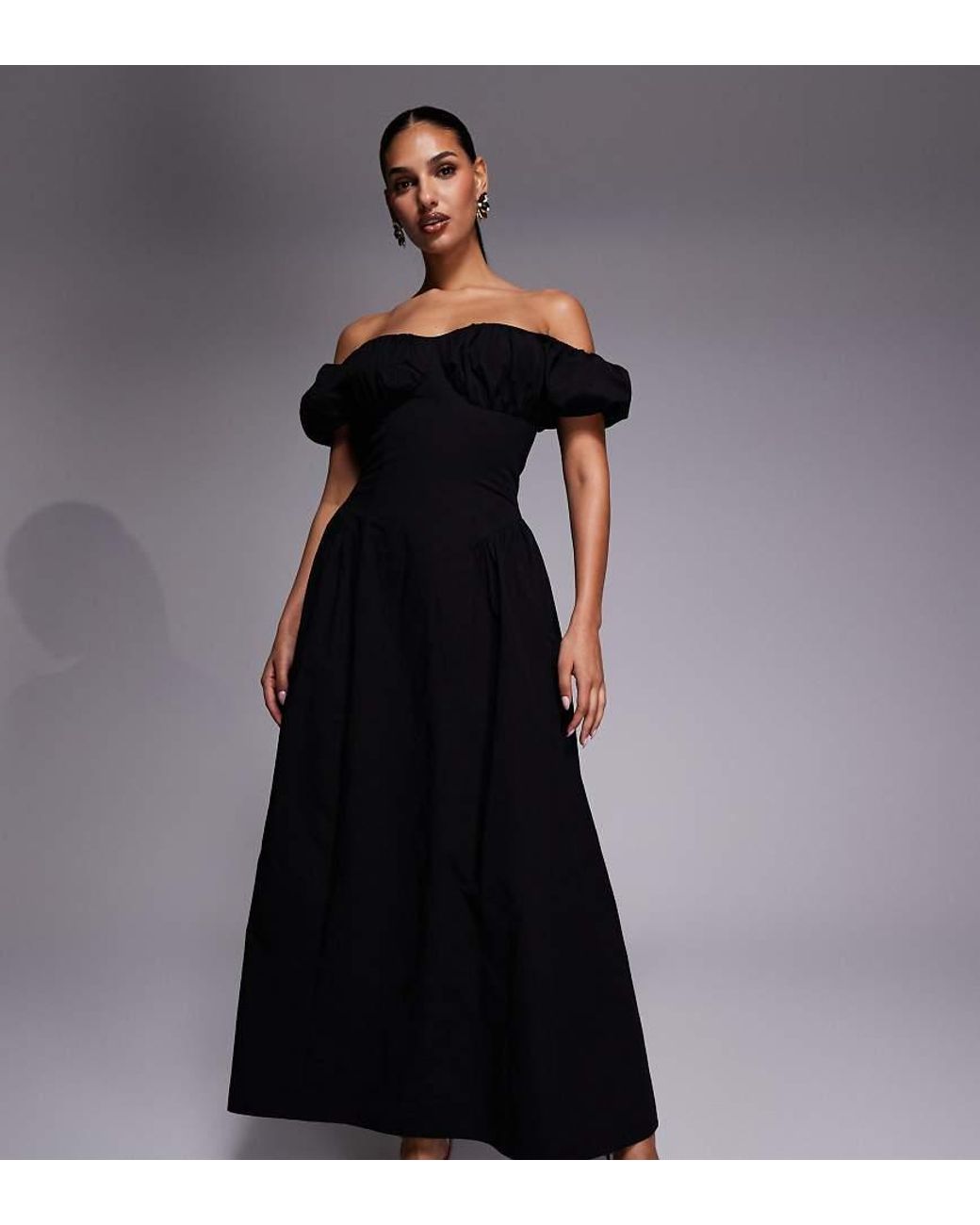 Kaiia Blue Exclusive Cotton Milkmaid Puff Sleeve Hip Pleat Detail Maxi Dress