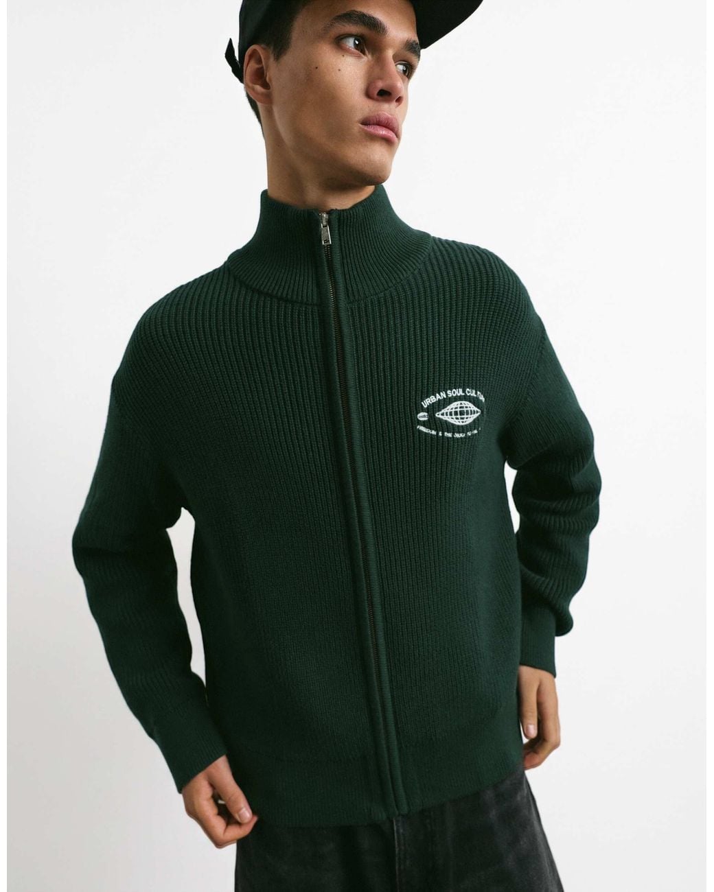 Pull&Bear – bestickte strickjacke in Green für Herren