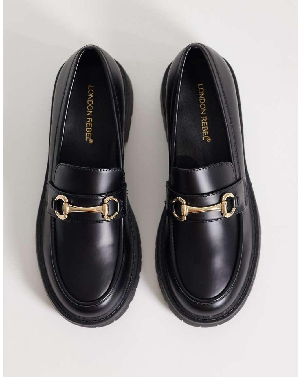London Rebel Black peggy Metal Trim Chunky Loafers