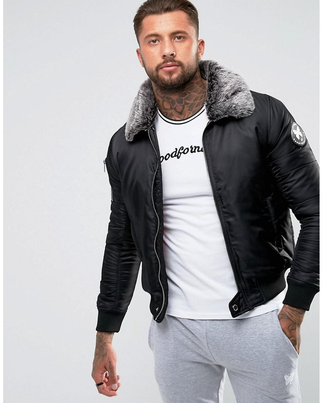 Good For Nothing Bomber Jacket In Black With Faux Fur Collar for Men | Lyst  UK