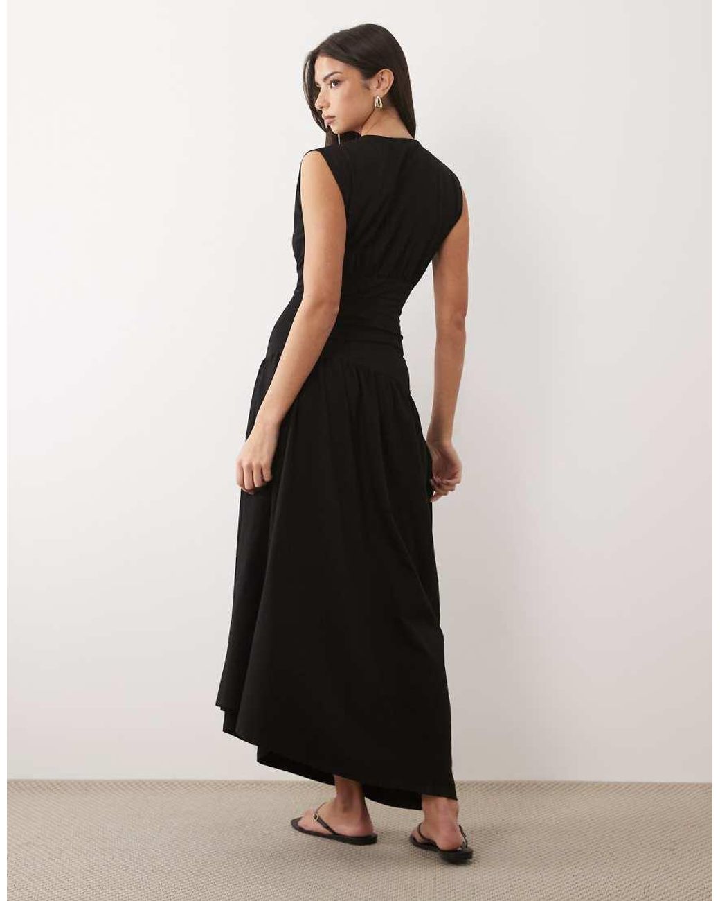 ASOS Black Cap Sleeve Cinched Dropped Waist Midaxi Dress