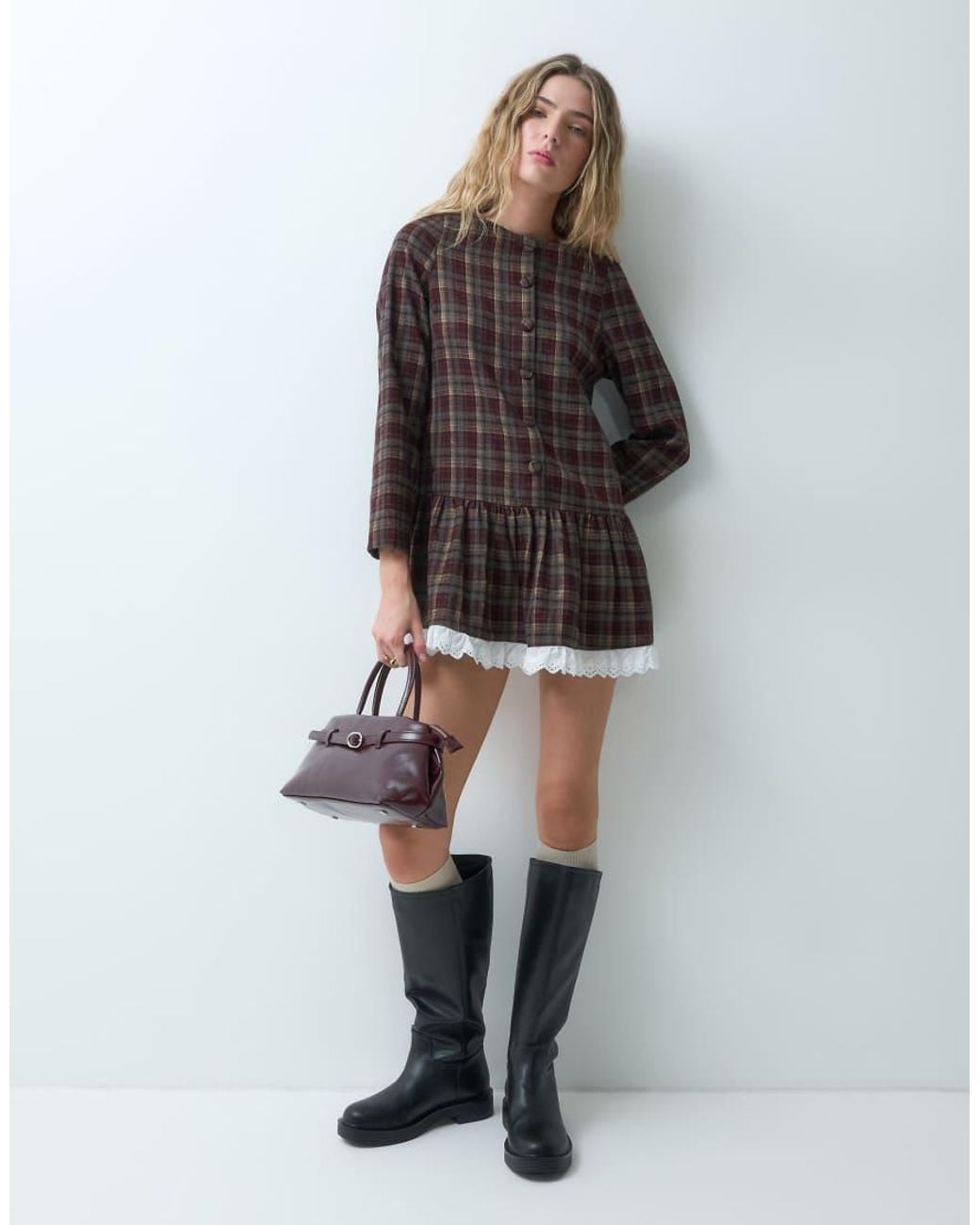 Neon Rose Gray Long Sleeve Mini Dress With Lace Trim