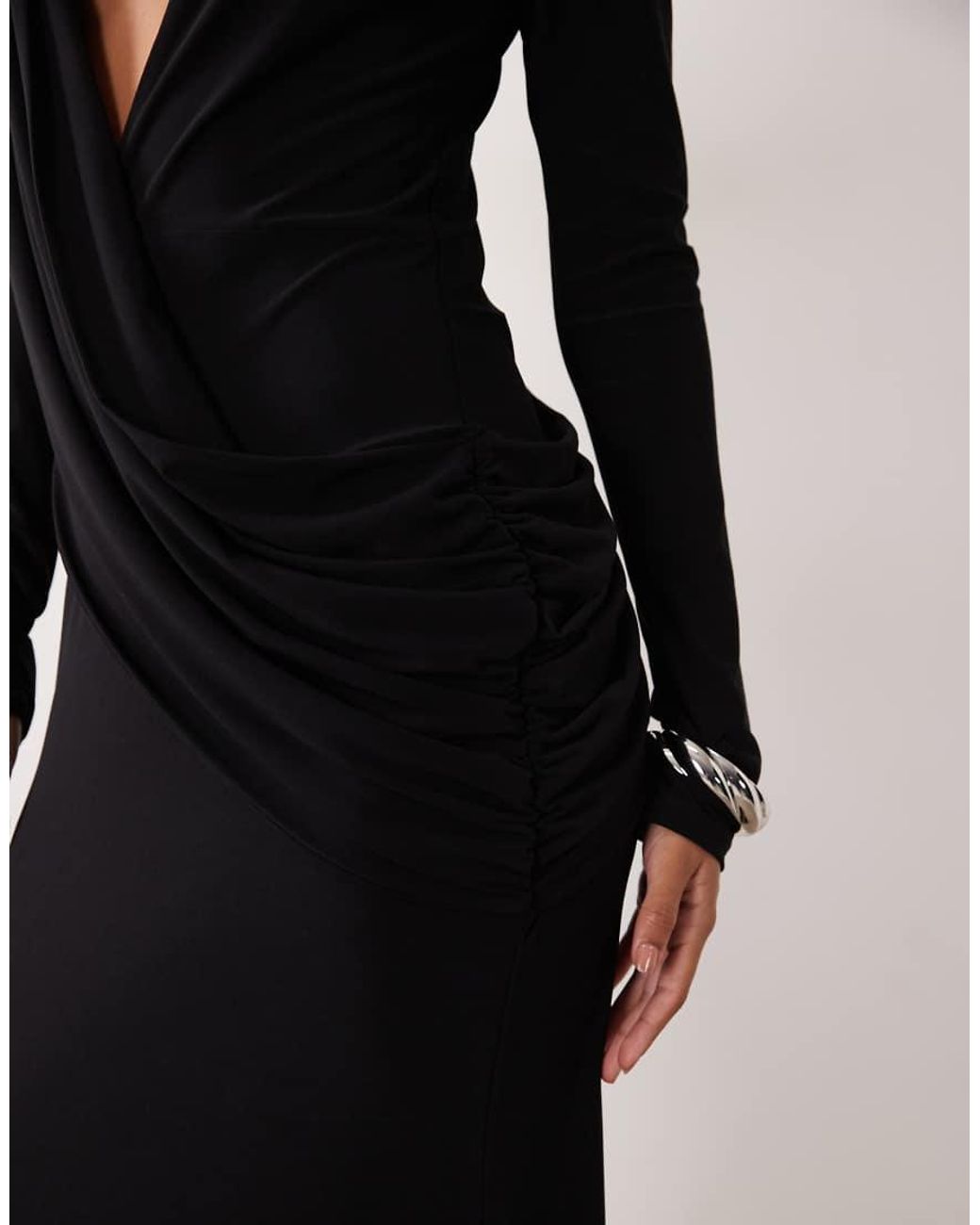 ASOS Black Shoulder Pad Slinky Maxi Dress With Sweeping Drape Detail
