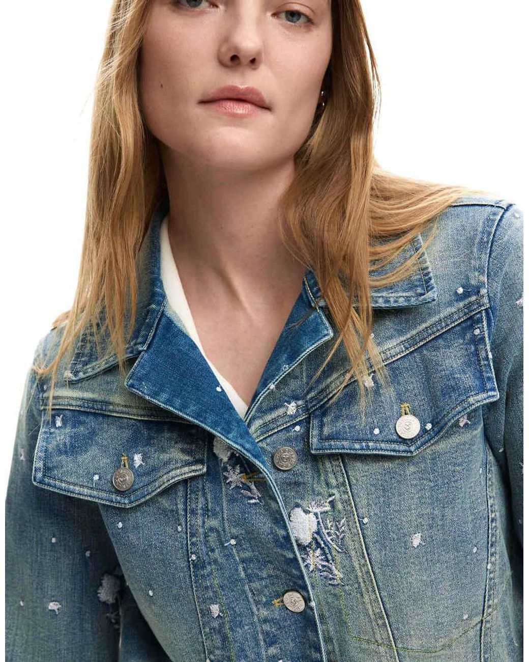 Desigual Blue Embroidered Trucker Jacket, Cotton