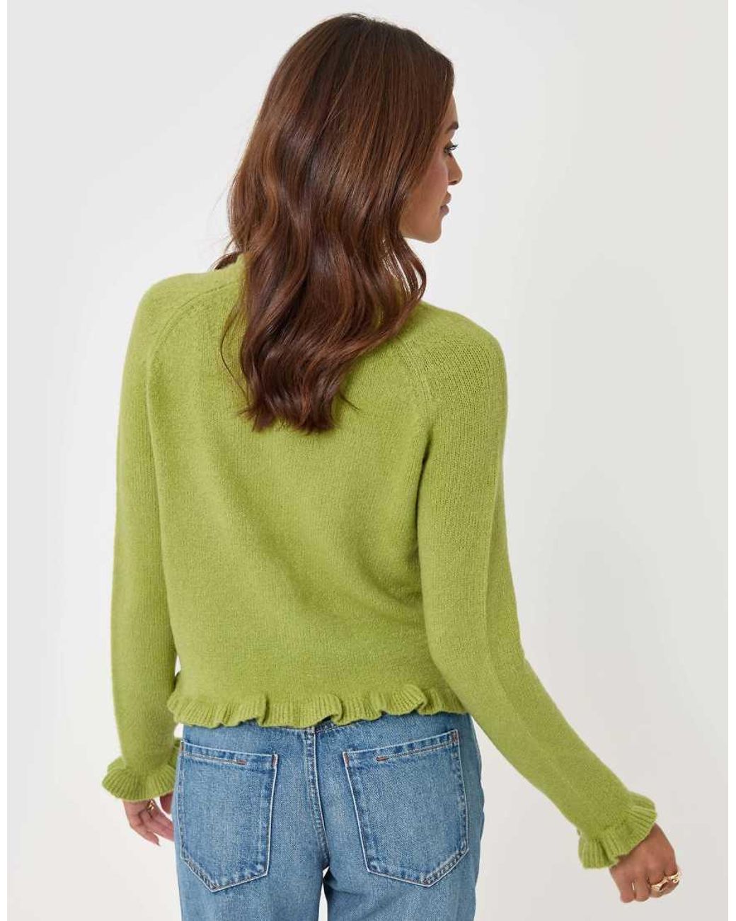 Threadbare Green Crew Neck Ruffle Cardigan