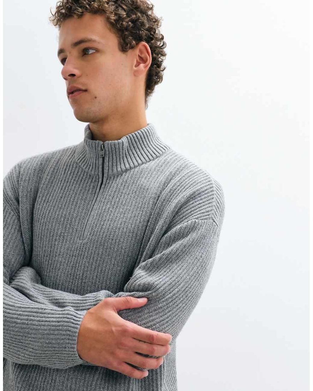 Hollister Gray Knitted 1/4 Zip Ribbed Jumper for men