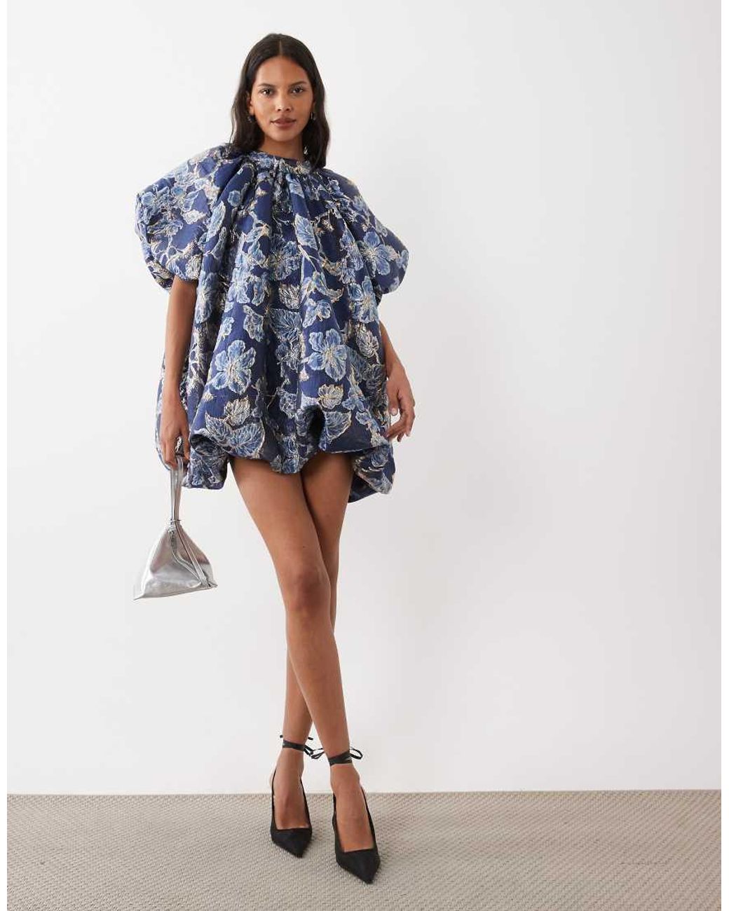 Sister Jane Blue Aquilla Jacquard High Neck Puff Sleeve Bubble Hem Mini Dress
