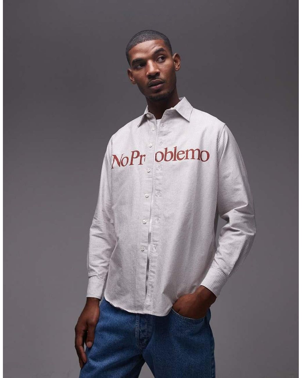 No Problemo Gray Logo Long Sleeve Cotton Oxford Shirt for men