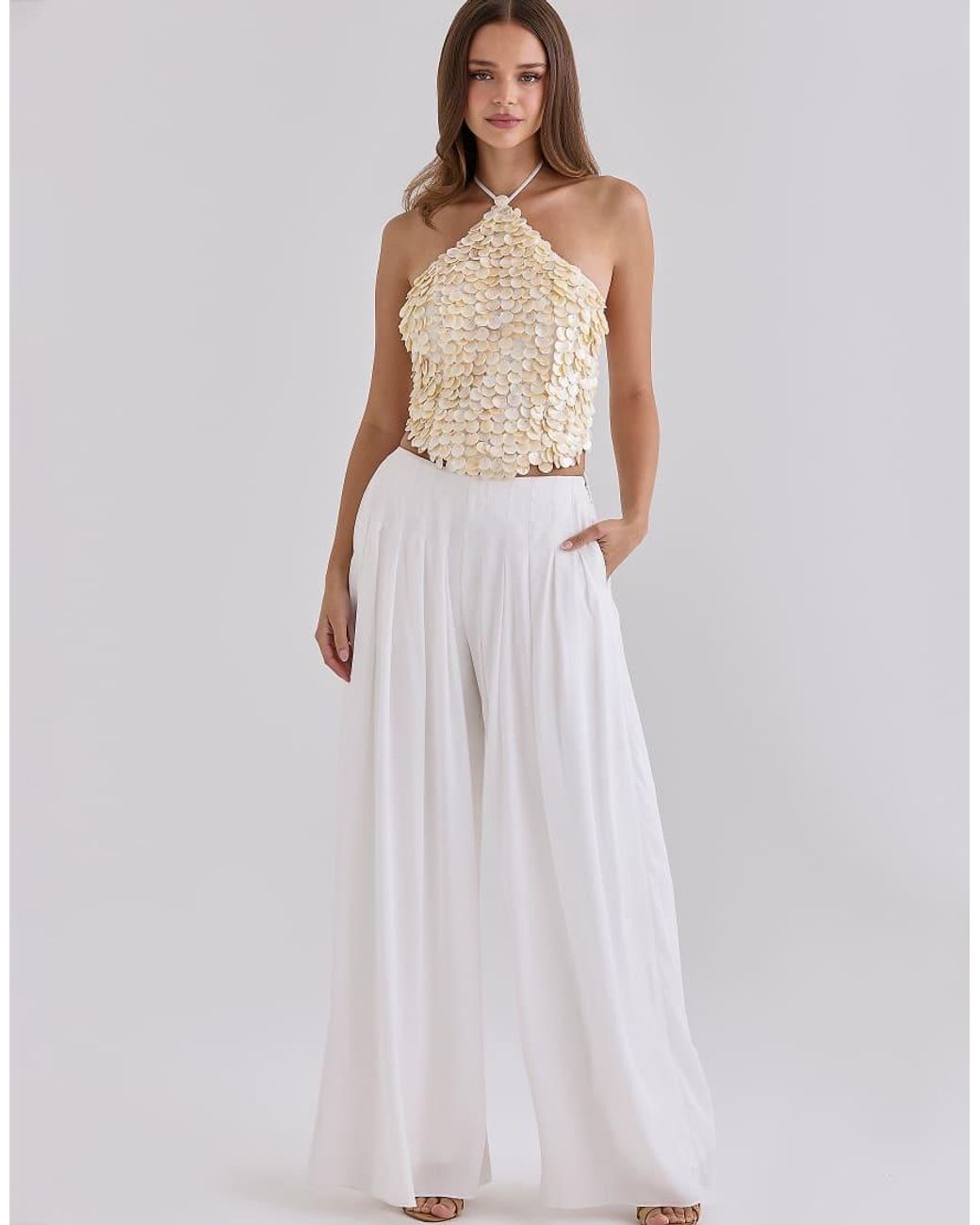 House Of Cb White Alina Sateen Pleated Wide Leg Trousers