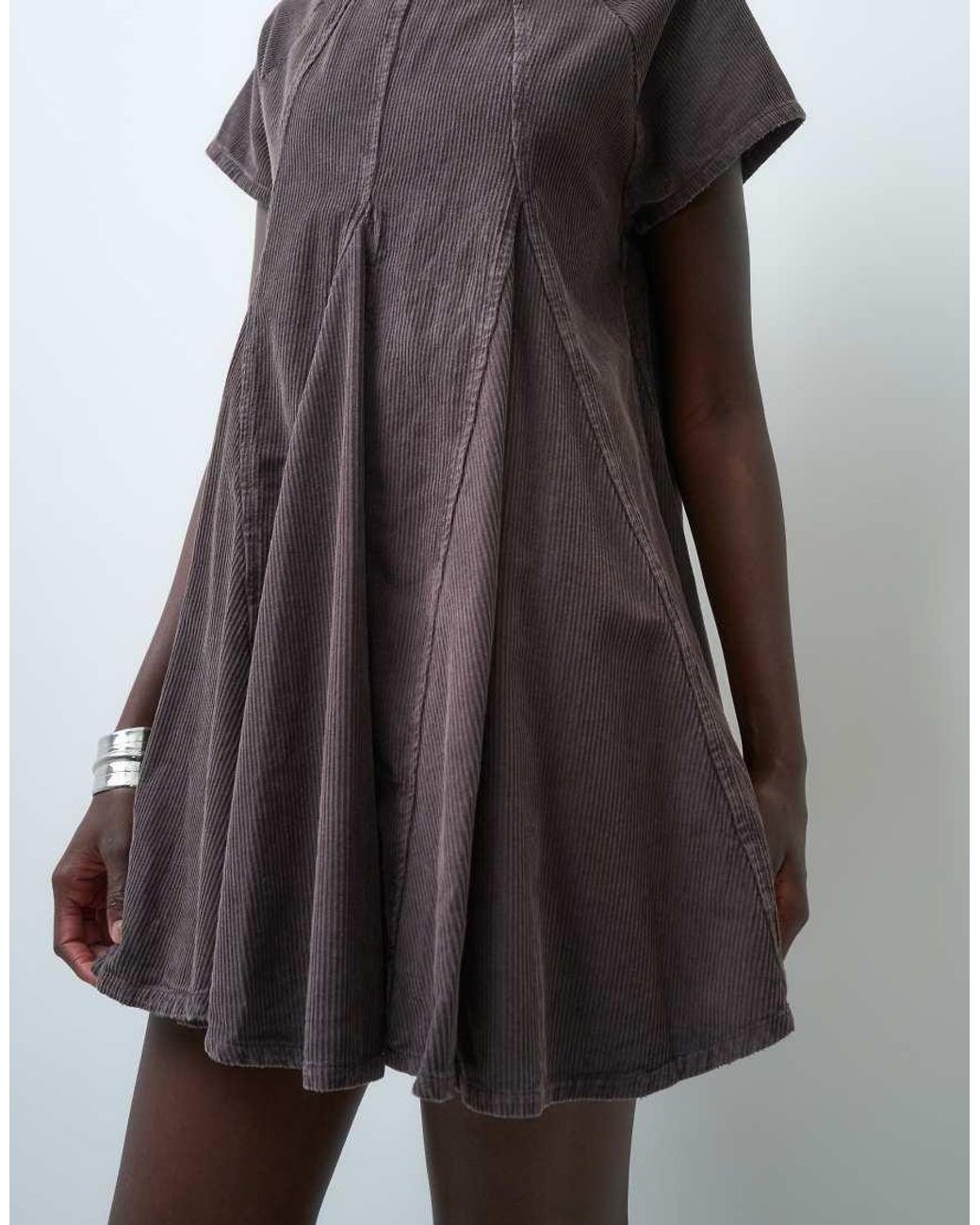 ASOS Gray Cord Godet Mini T-shirt Dress With High Neck Washed Charcoal
