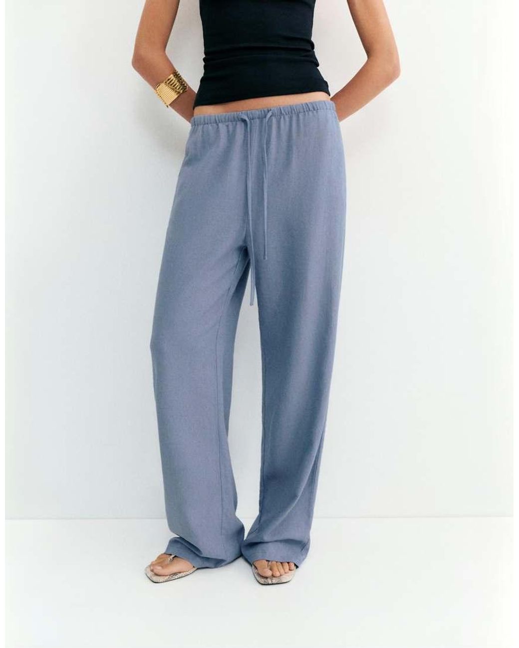 Pull&Bear Blue Flowing Viscose Linen Blend Trousers
