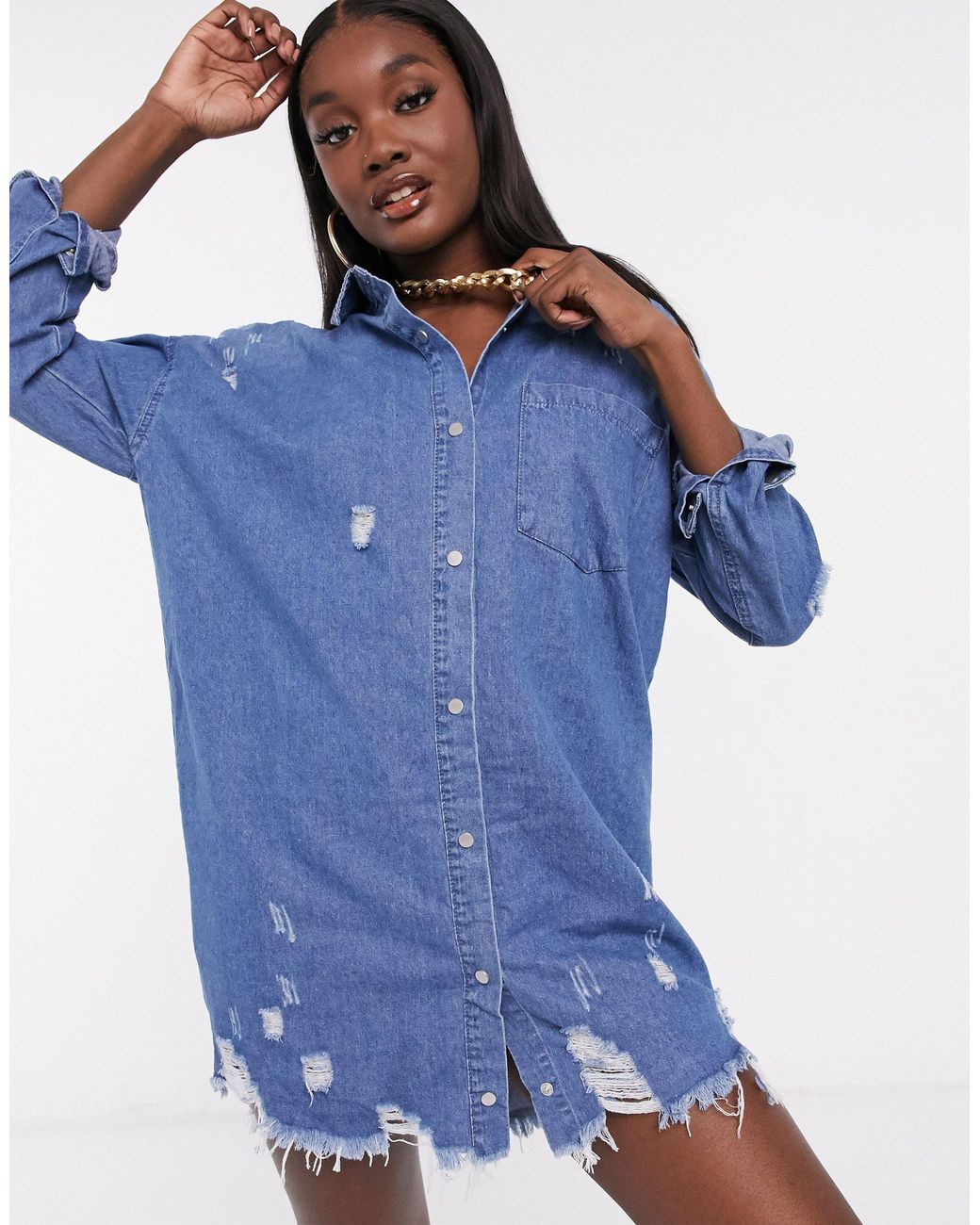 Missguided Tall Blue Distress Hem Denim Shirt Dress | Lyst