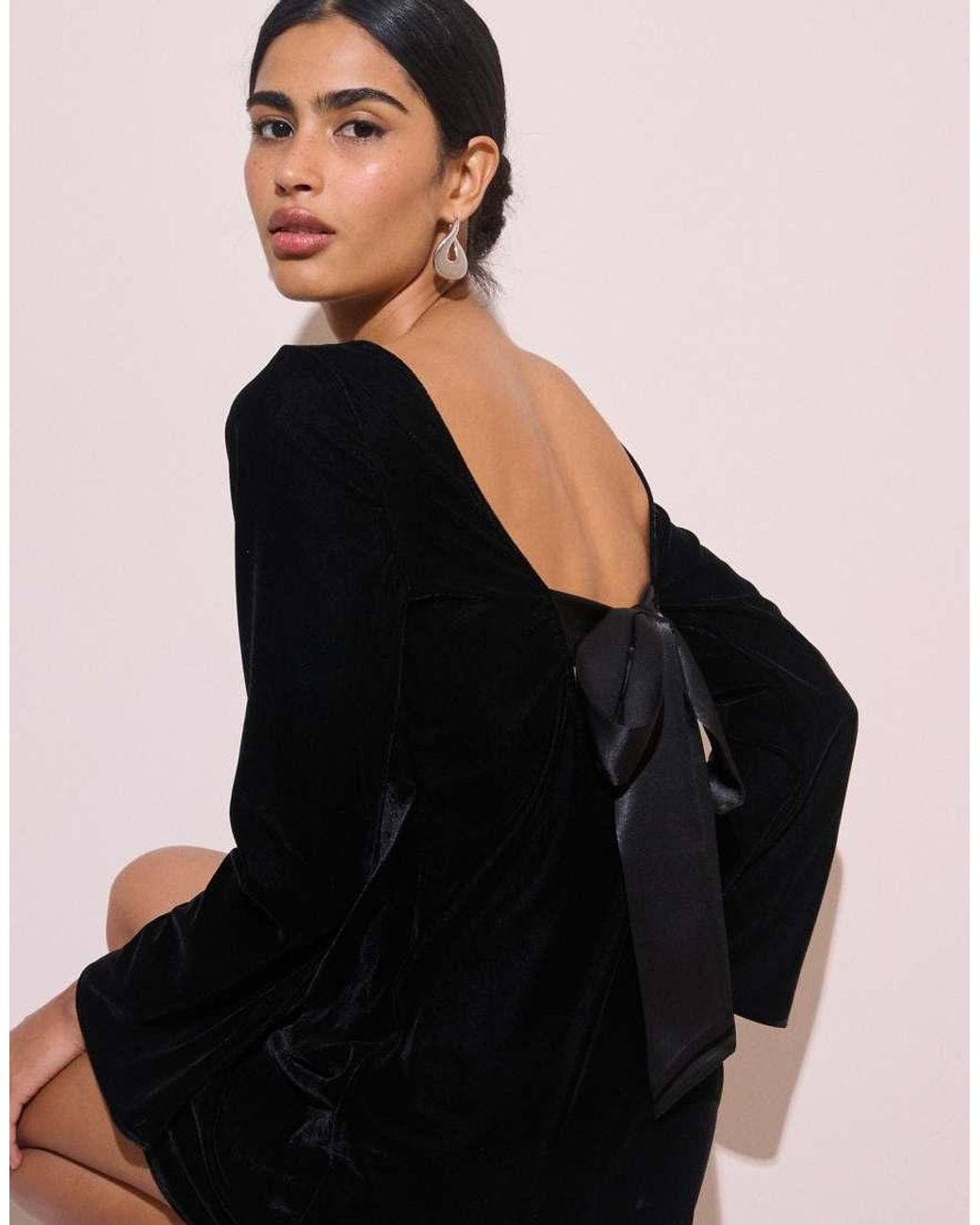 Nobody's Child Black Joelle Velvet Open Back Bow Detail Flare Sleeve Mini Dress