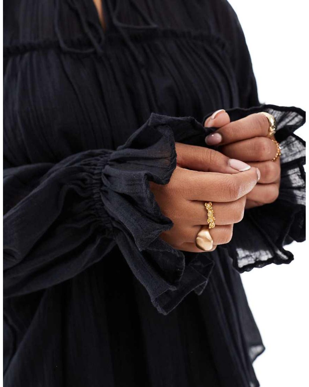 ASOS Blue Asos Design Curve Tie Neck Ruffle Detail Crinkle Long Sleeve Smock Top