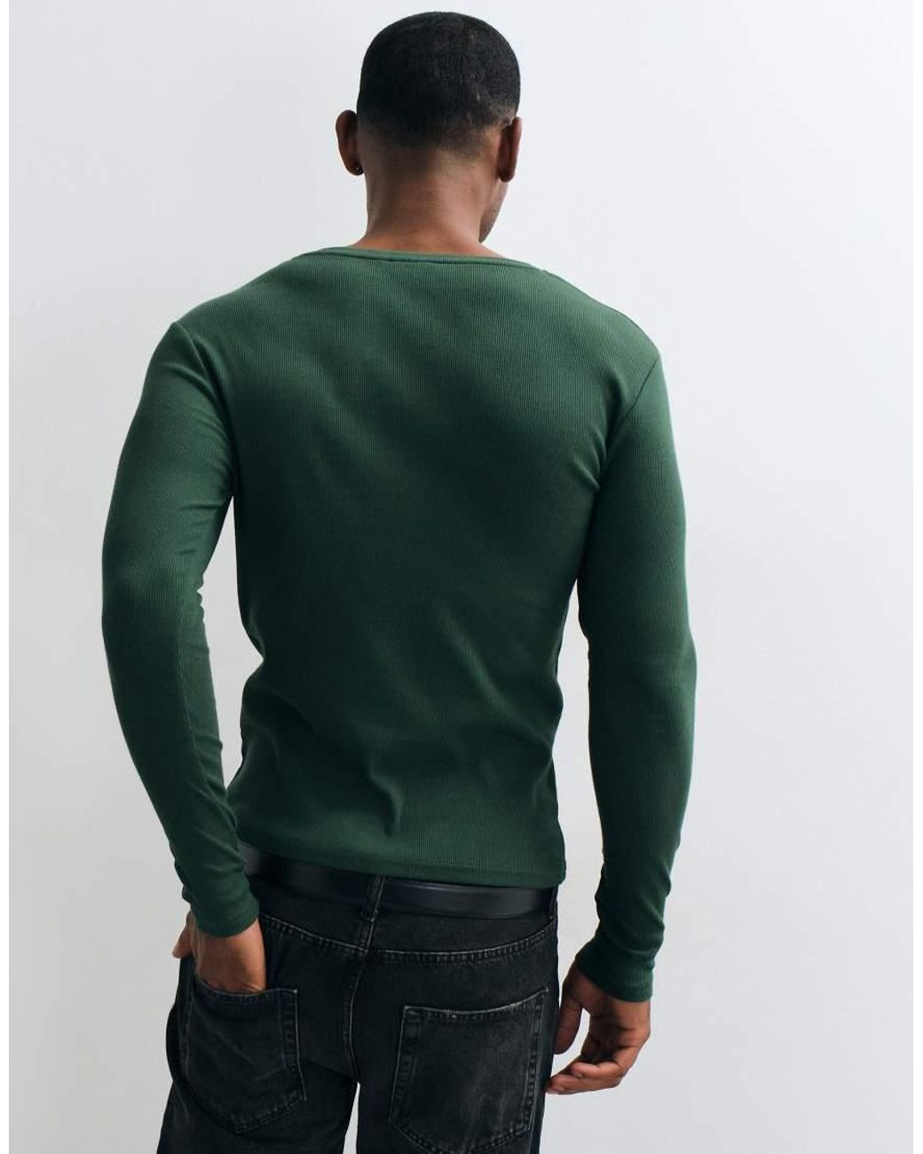 ASOS Green Muscle Fit Long Sleeve T-shirt With Notch Neck for men
