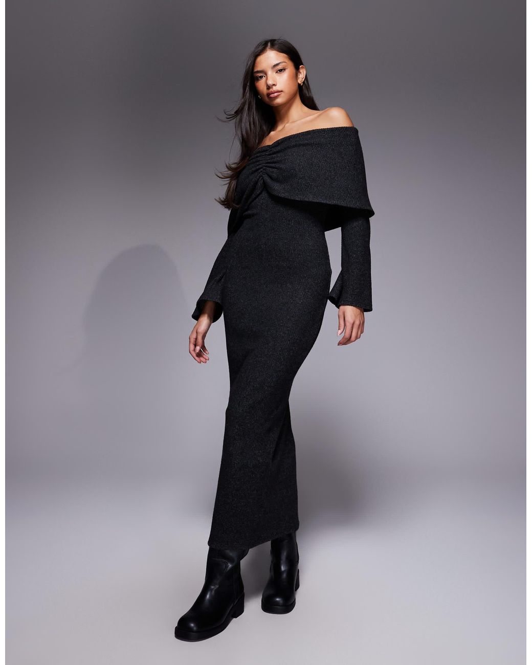 ASOS Ribbed Long Sleeve Fold Over Bardot Maxi Dress in Black | Lyst
