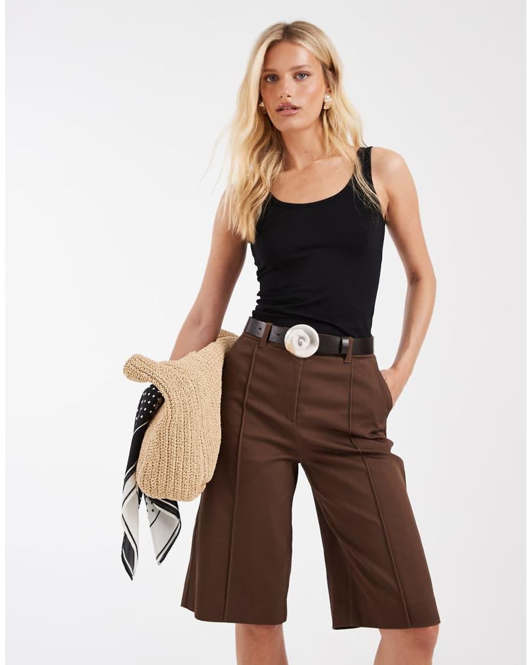 & Other Stories Gray Low Waisted Cotton Tailored Bermuda Shorts On Chocolate