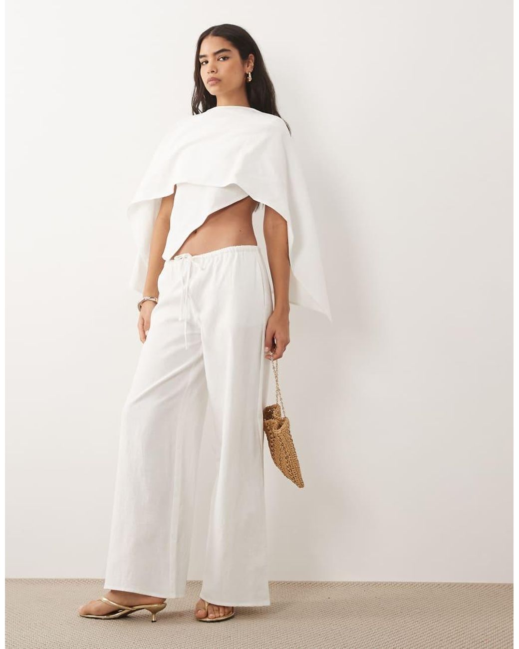 Missy Empire Natural Drawstring Waist Wide Leg Trousers Co-Ord