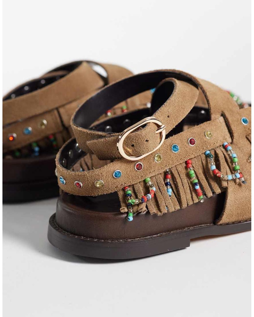 Steve Madden Brown Wendell Embellished Fringed Flat Sandals
