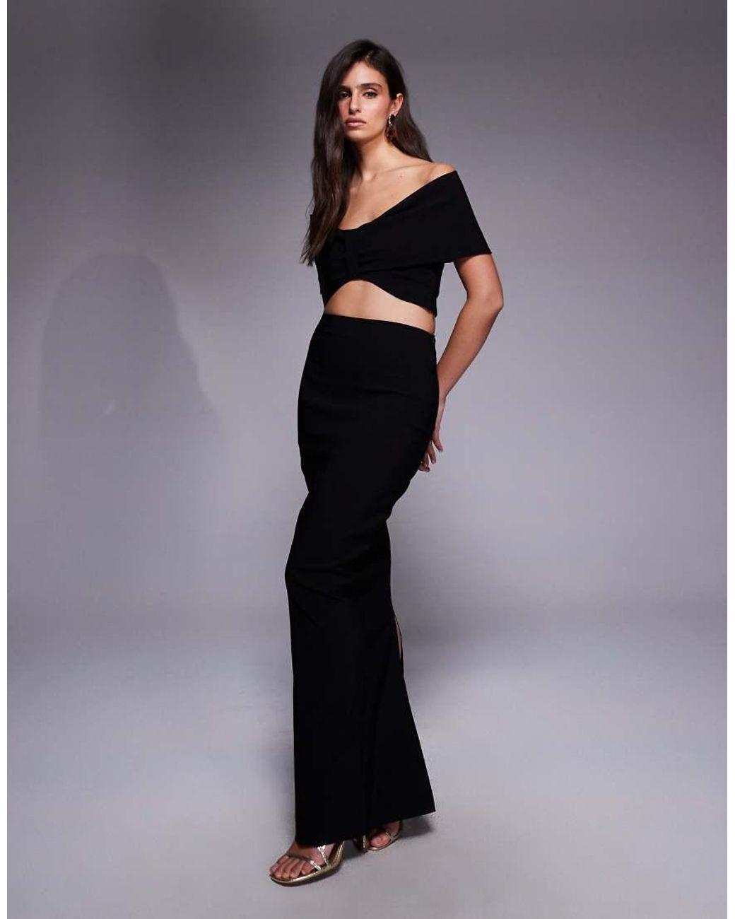 Vesper Black Bengaline Off Shoulder Twist Front Crop Top Co-ord