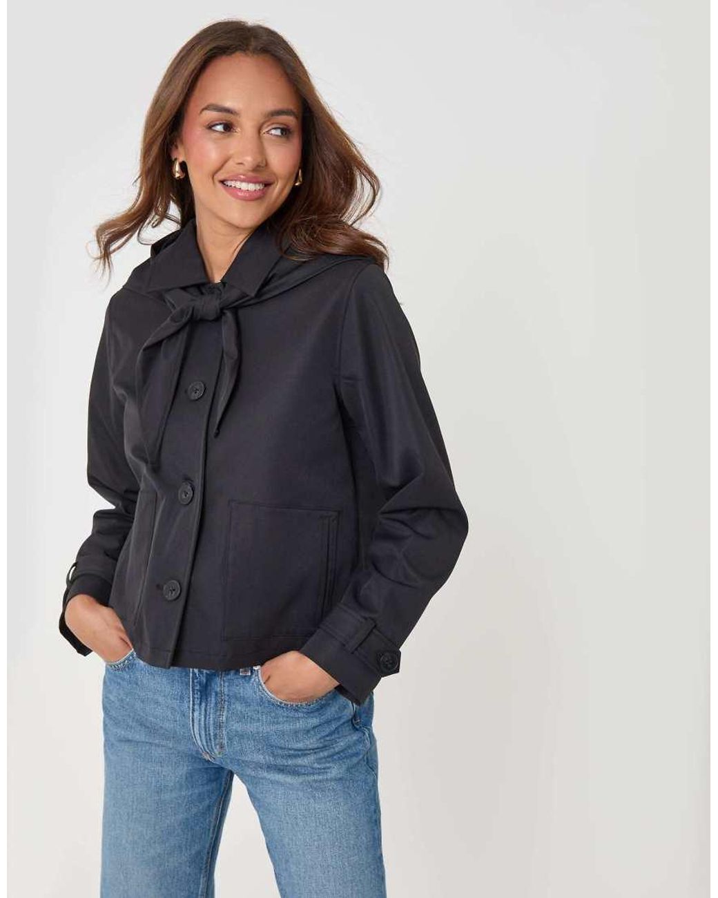 Threadbare Blue Scarf Detail Cropped Trench Coat