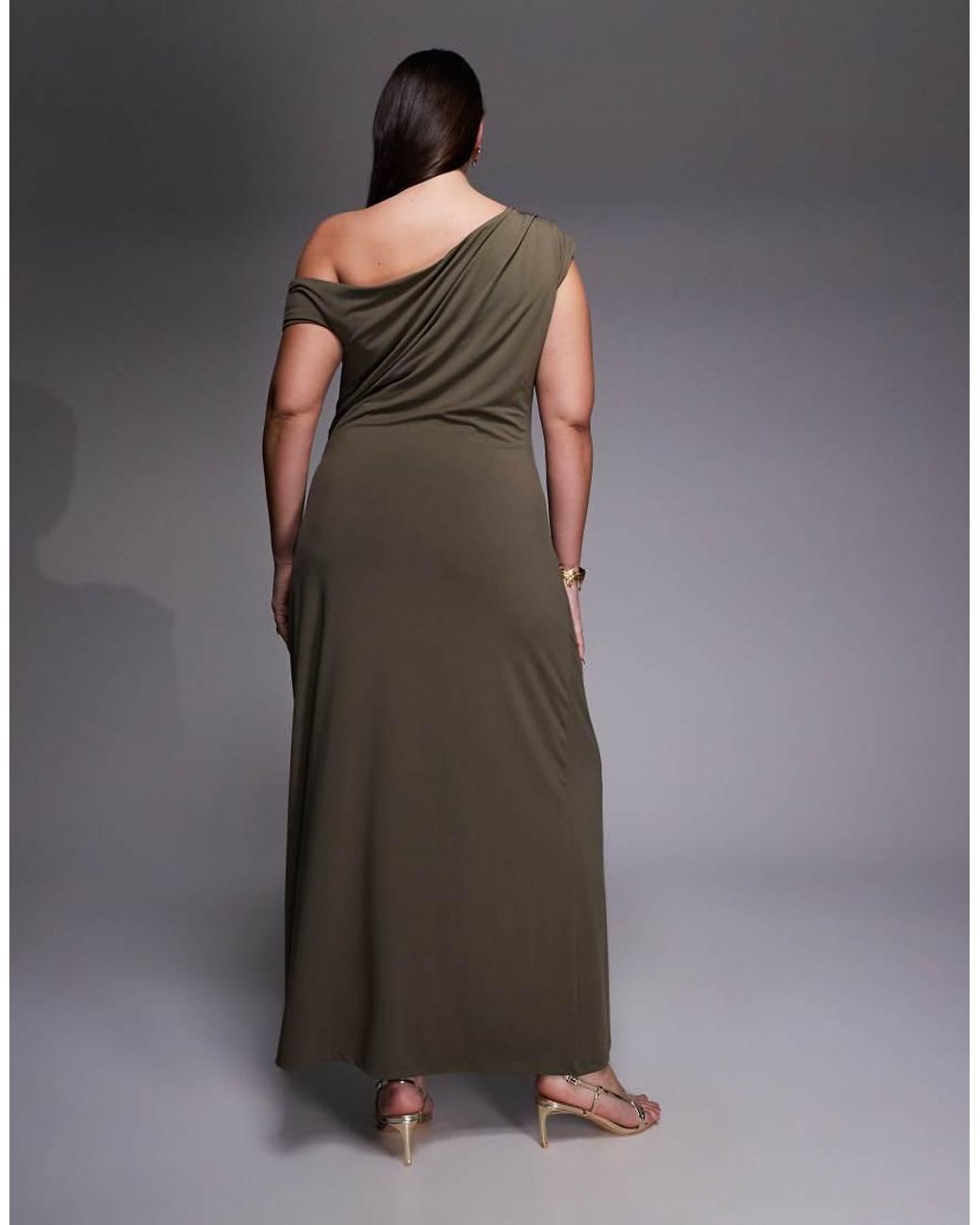 Forever New Gray Asymmetric Fallen Shoulder Midaxi Dress