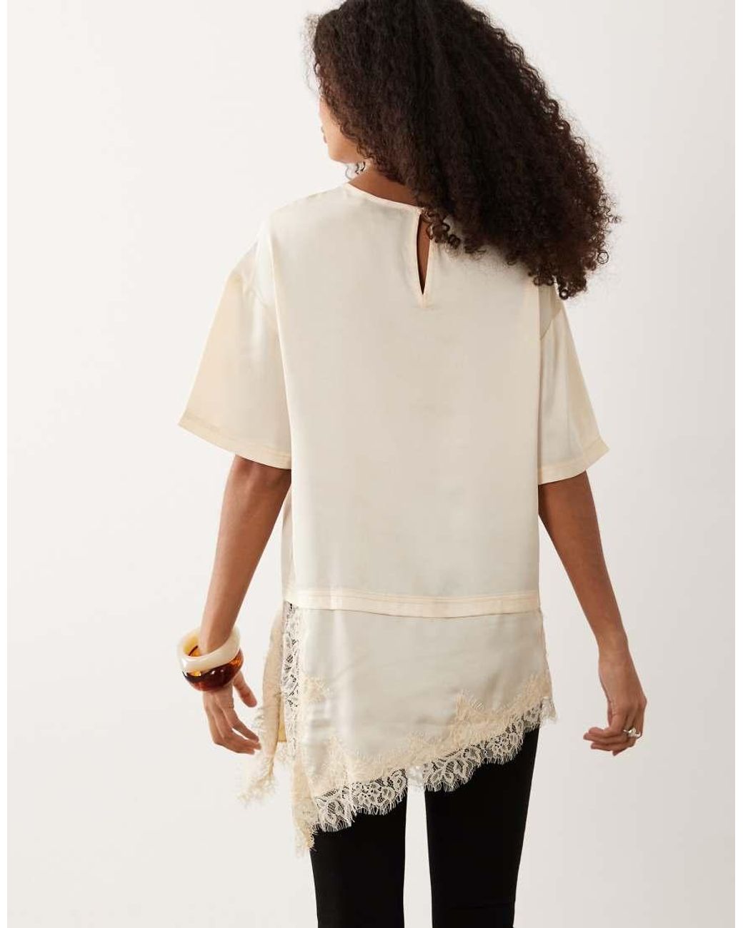 Wednesday's Girl Natural Satin T-Shirt With Asymmetric Lace Hem