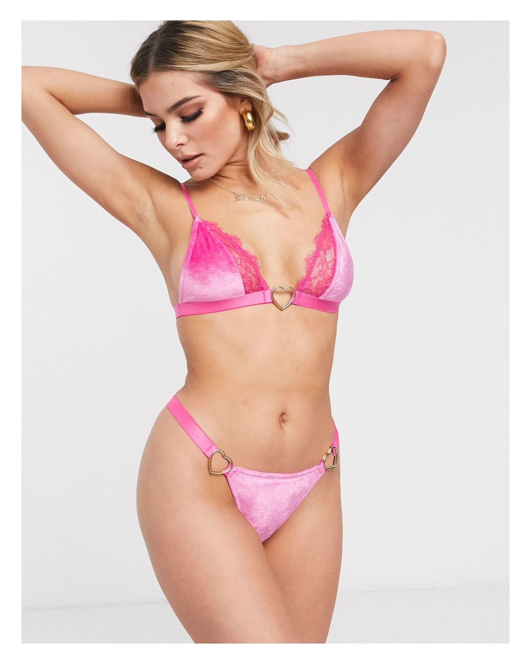 ASOS Arella Velvet Thong With Metal Heart Ring & Lace Edge in Pink
