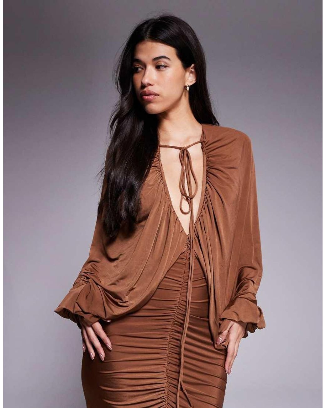 ASOS Brown Slinky Winged Sleeve Ruched Maxi Dress