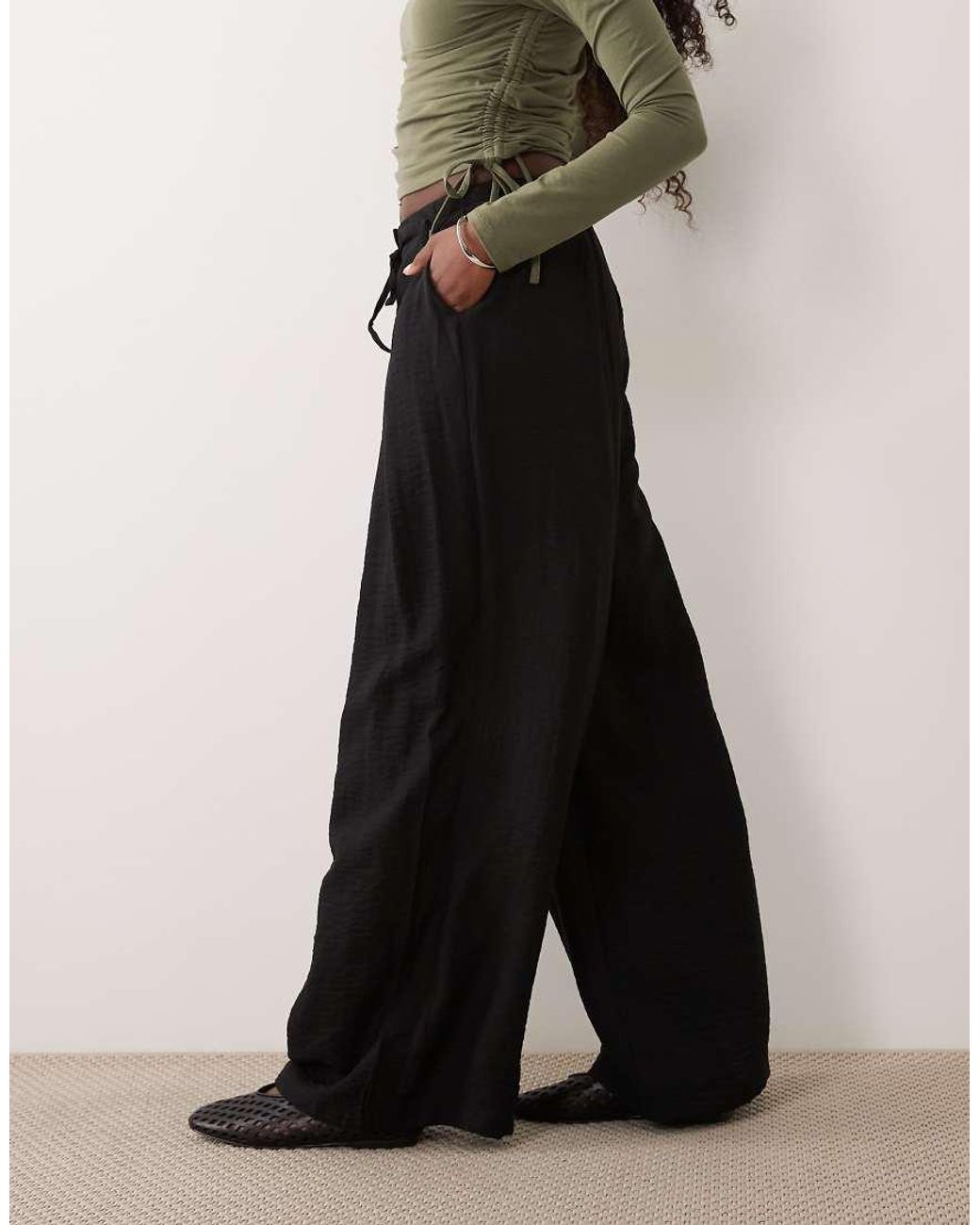 ASOS Blue Textured Wide Leg Trousers With Tie Waist