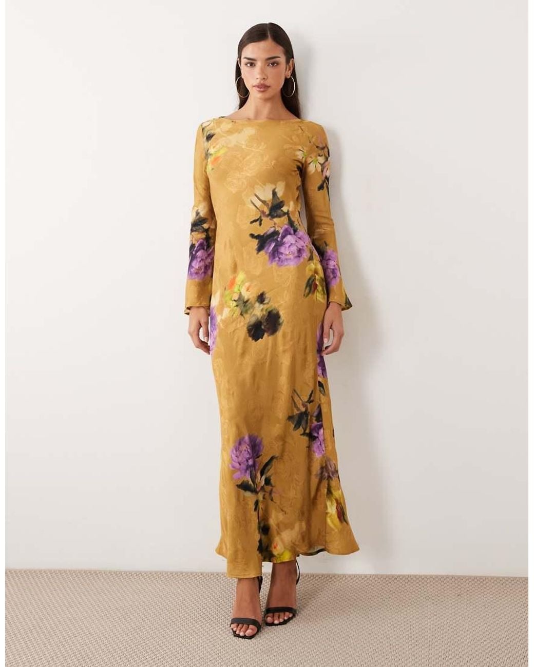 ASOS Open Back Maxi Dress With Fluted Sleeves in Metallic | Lyst UK