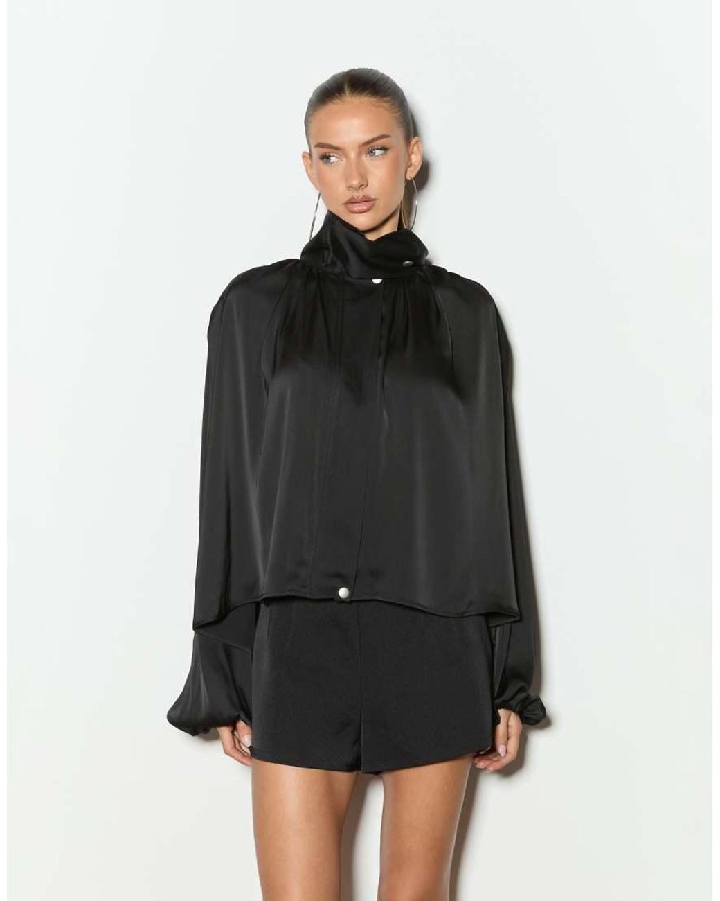 Noughts & Kisses Black Celeste Satin Funnel Neck Drape Detail Top