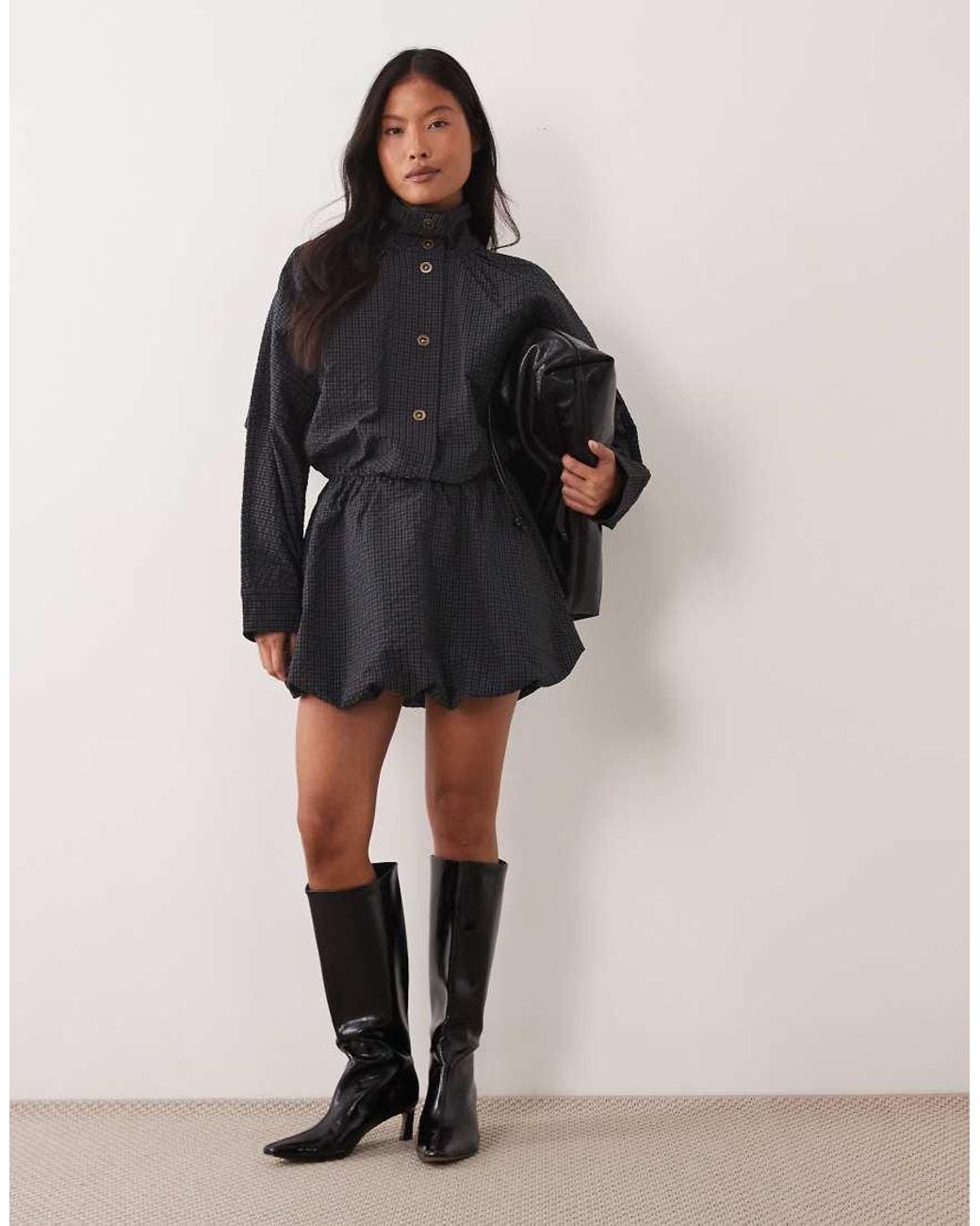 ASOS Black Asos Design Petite Track Button Down Mini Dress With Puff Skirt