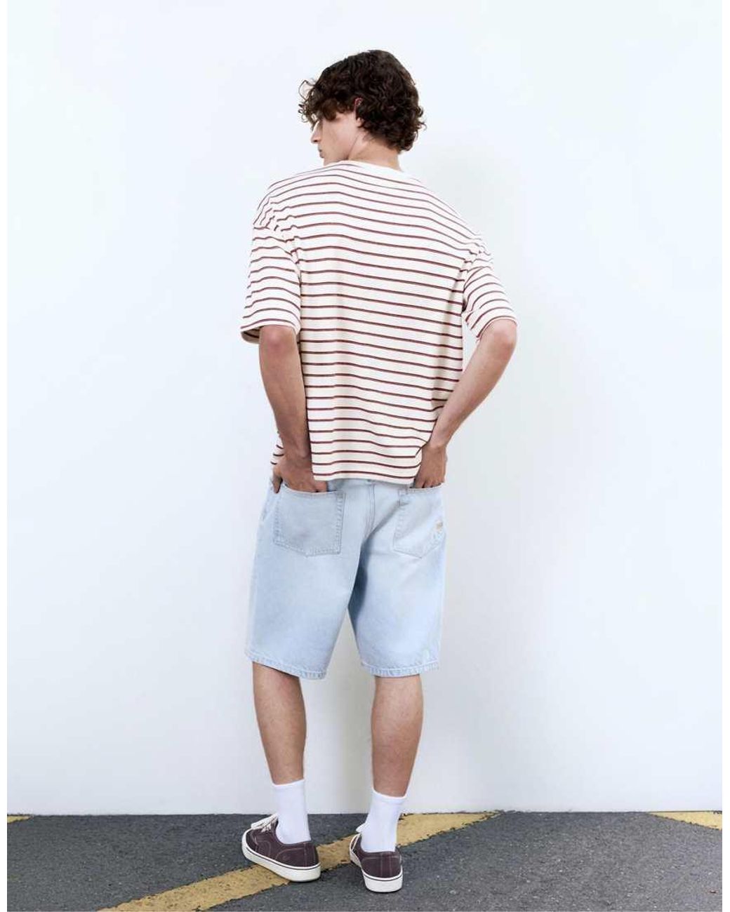 Pull&Bear White Striped Boxy-fit T-shirt for men