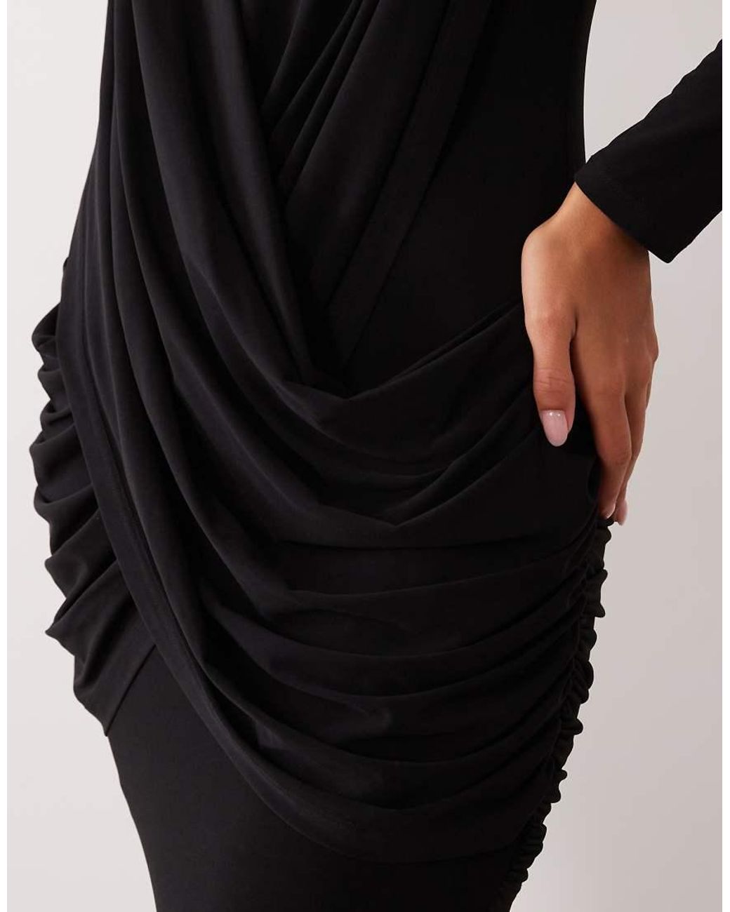 Ruched & Ready Black On My Level Sculpted Plunge Neck Drape Front Maxi Dress