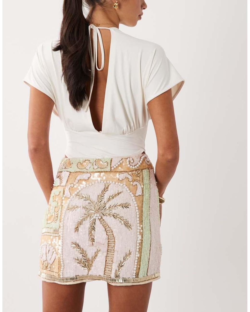 ASOS Natural Pastel Palm Tree Embellished Mini Skirt