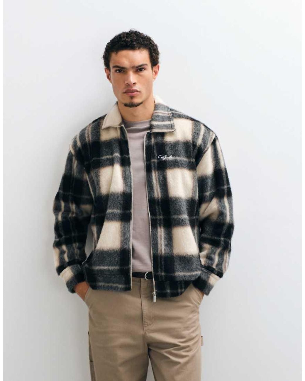 PEGADOR Gray Teros Furry Checked Flannel Overshirt for men