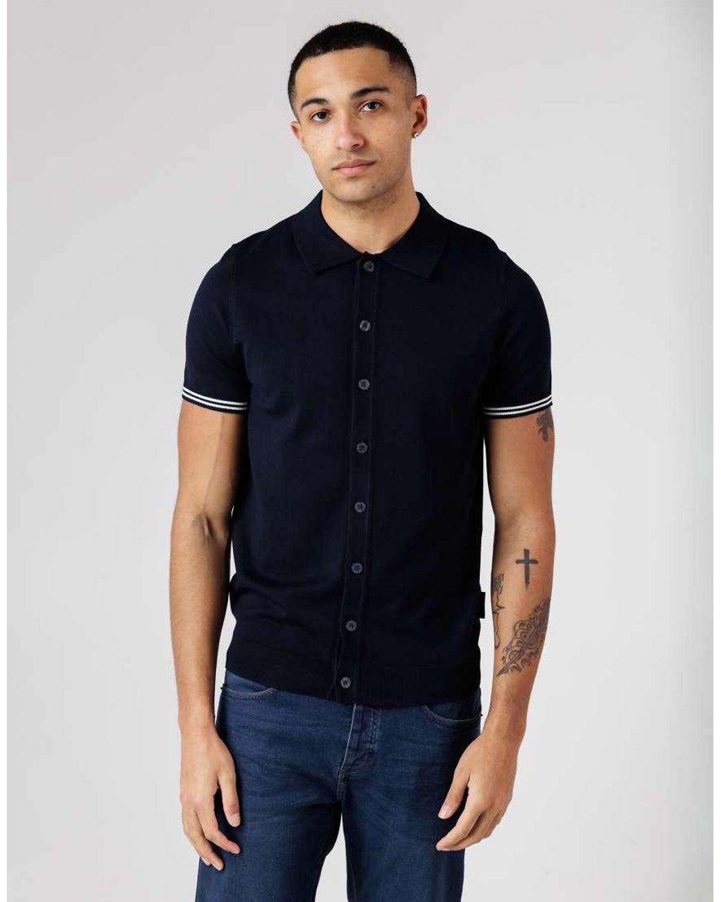 French Connection Blue Arm Stripe Short Sleeve Button-Up Polo Shirt for men
