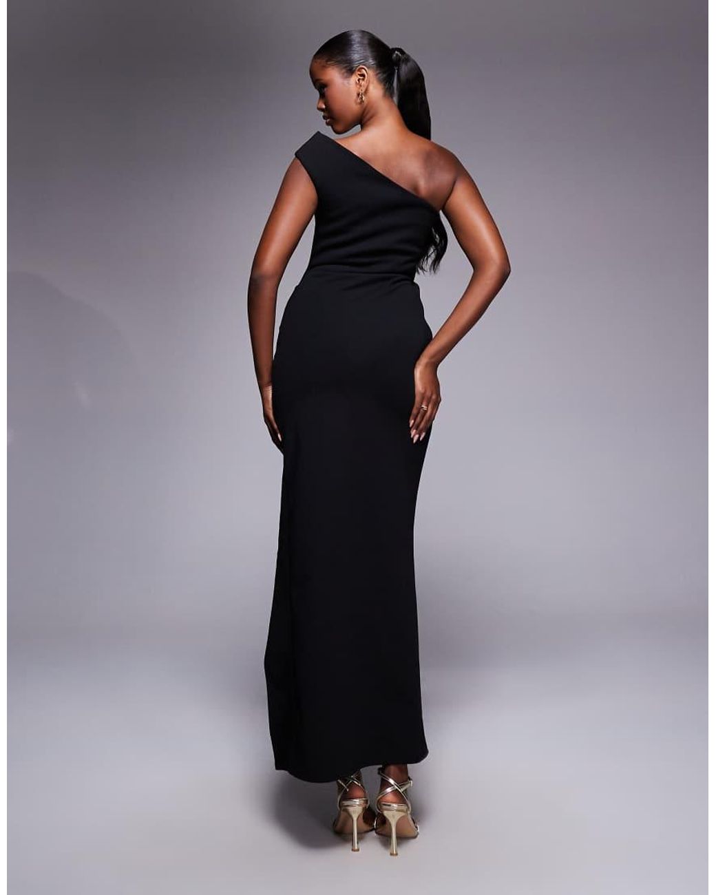 ASOS Black Crepe One Shoulder Gathered Midi Dress With Split