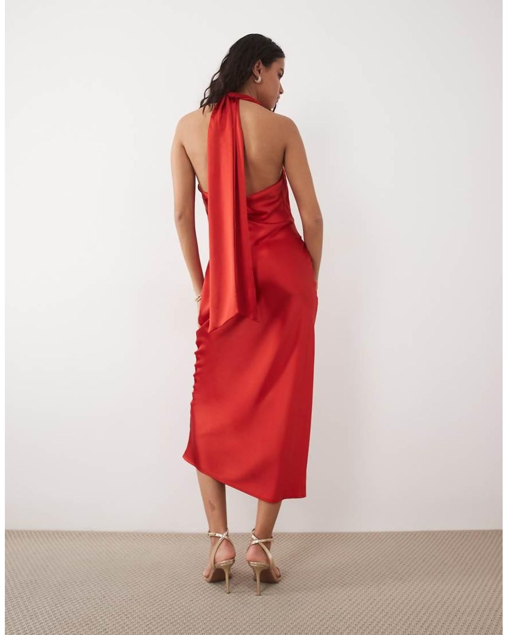 Pretty Lavish Red Edita Satin Halter Cowl Neck Low Back Midaxi Dress
