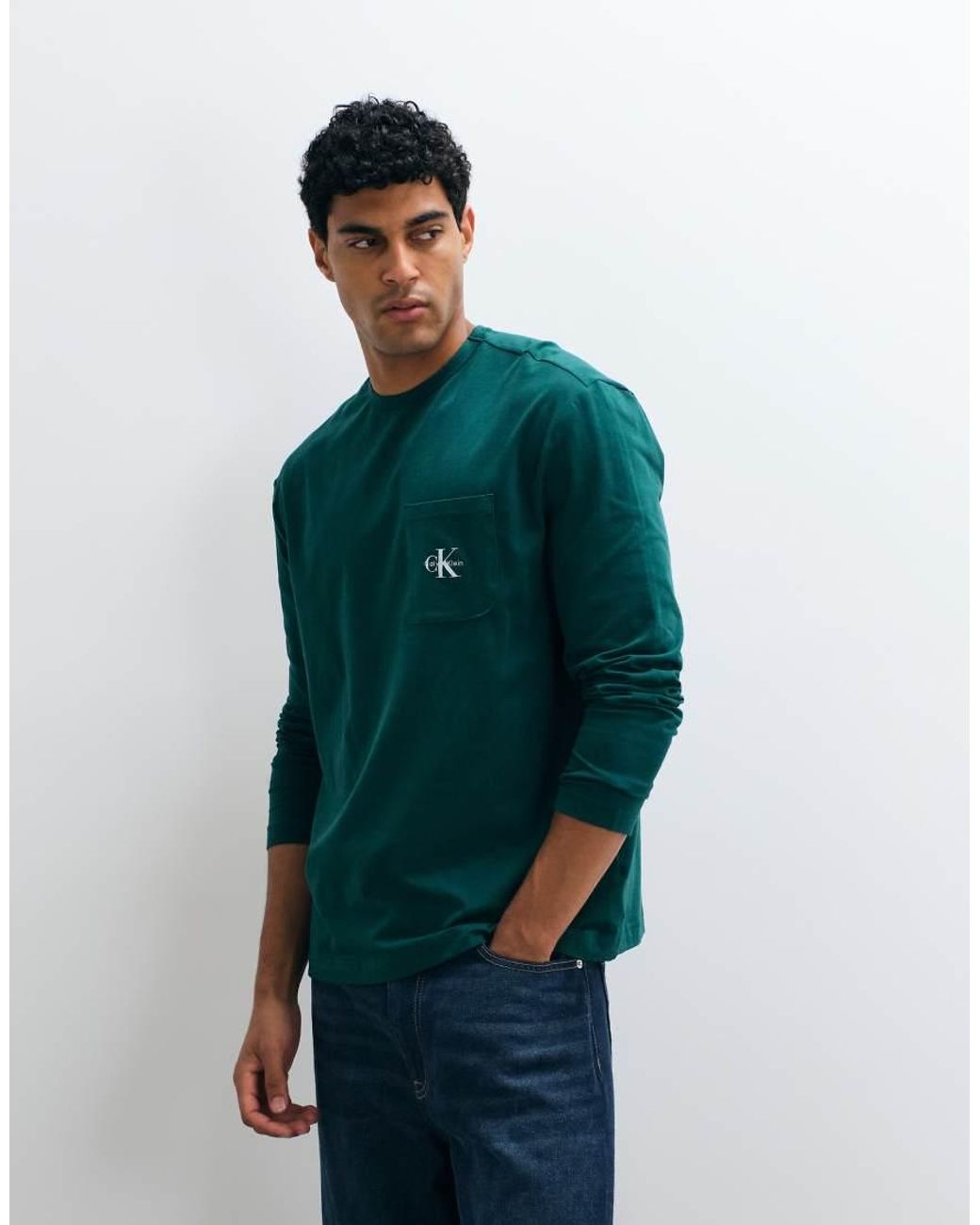 Calvin Klein Blue Monogram Long Sleeve Crew Neck T-Shirt for men