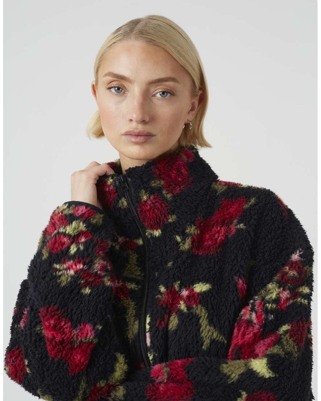 Brave Soul Black Sherpa Fleece Floral Print Zip Sweatshirt