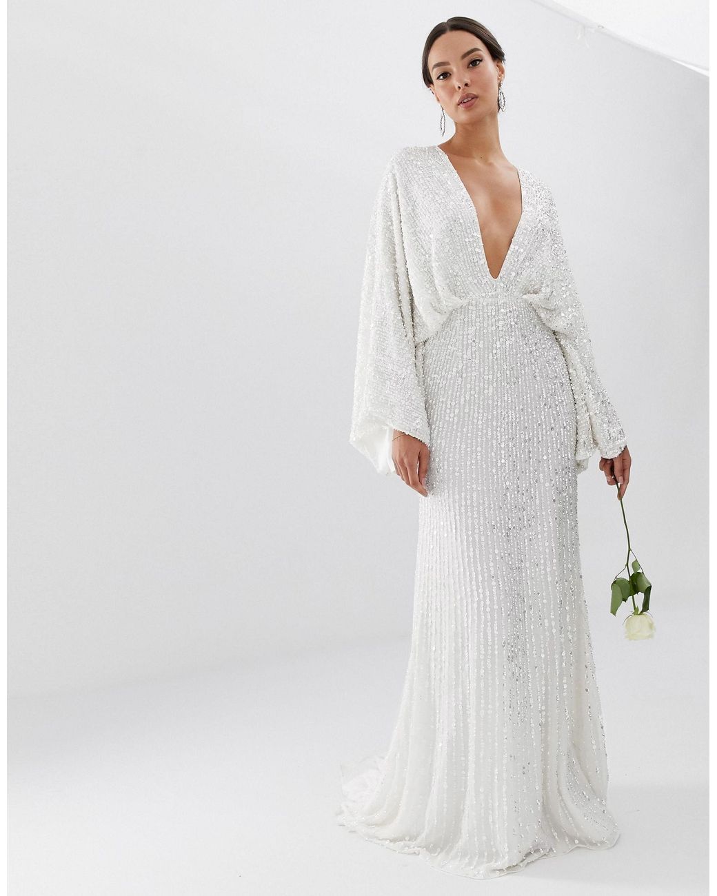 ASOS Synthetic Ciara Sequin Kimono Sleeve Wedding Dress in White - Lyst