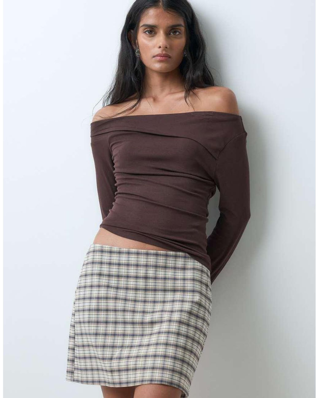 Miss Selfridge Brown Long Sleeve Twist Top With Lace Trim