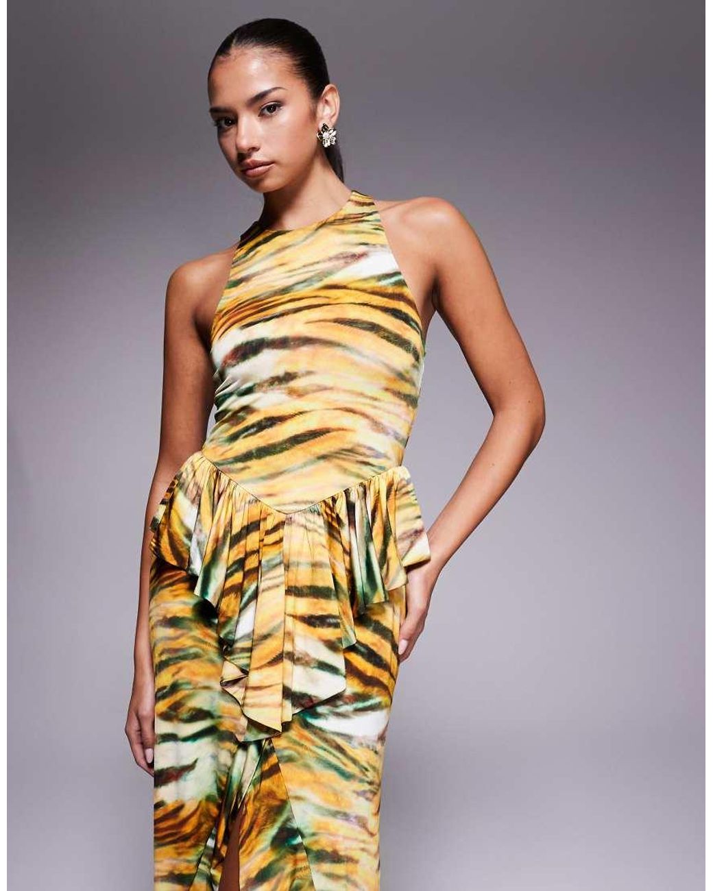 AFRM Metallic Slinky Racerneck Ruffle Detail Front Split Maxi Dress