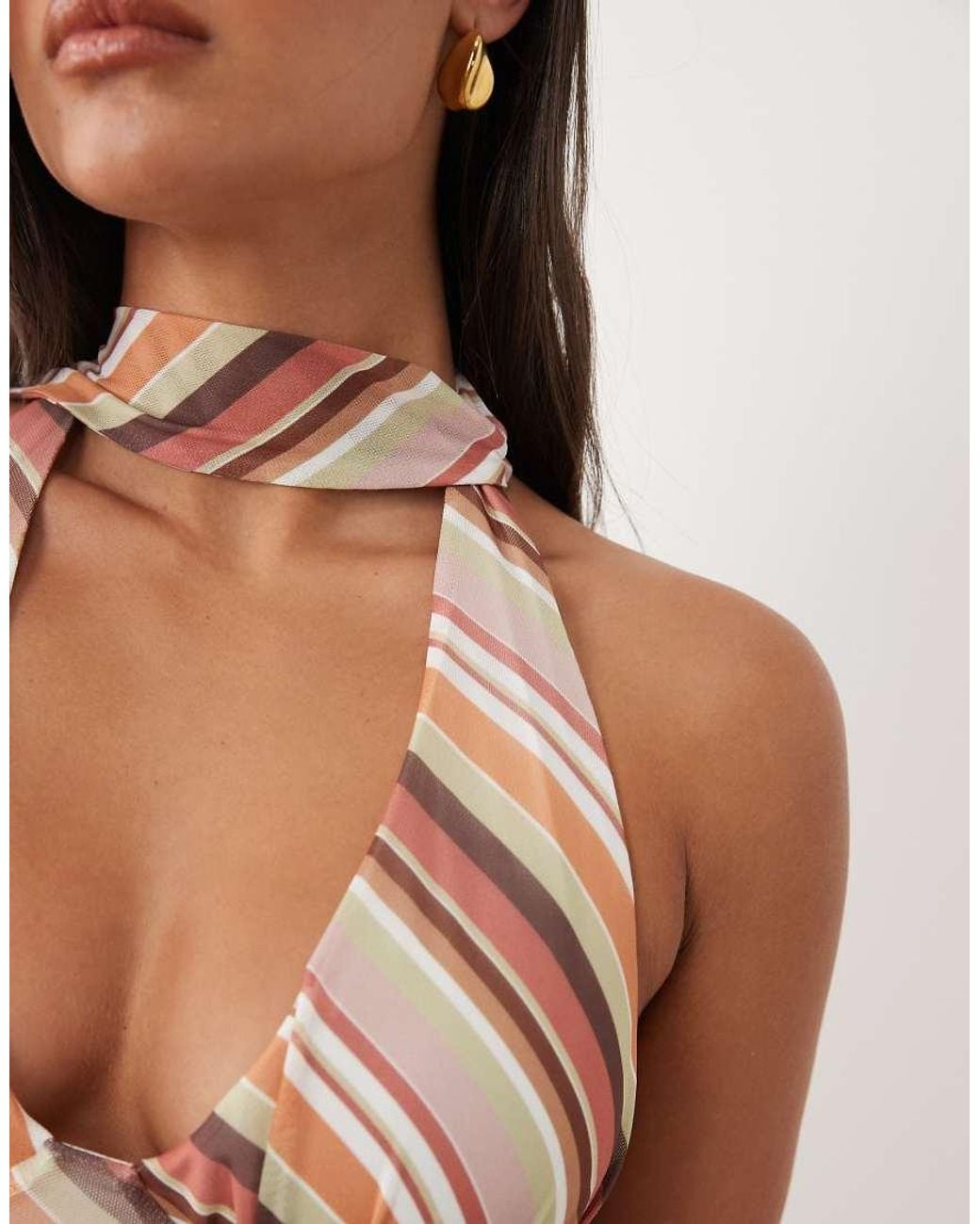 ASOS Brown Scarf Detail V Neck Stripe Mesh Top