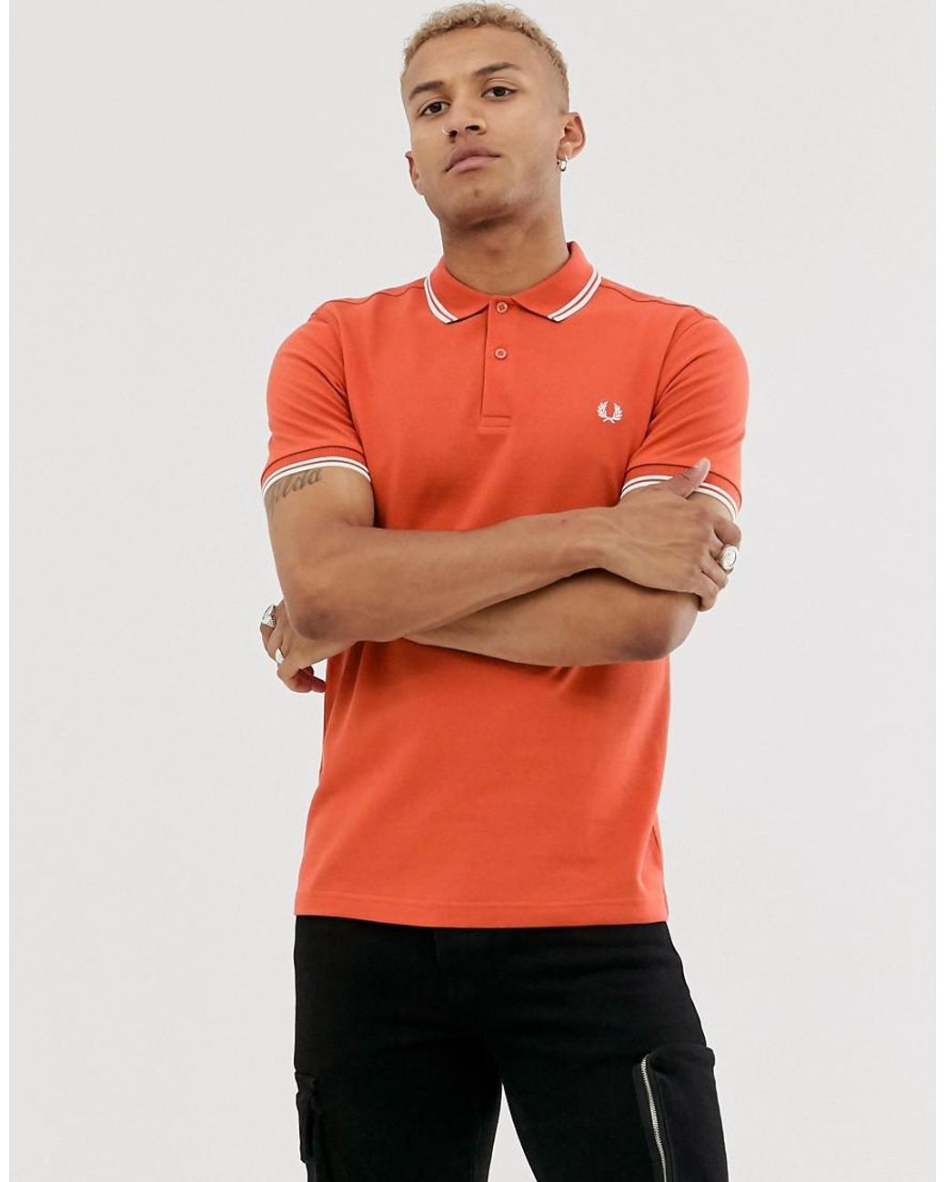 Fred Perry Cotton Twin Tipped Polo in Orange for Men | Lyst