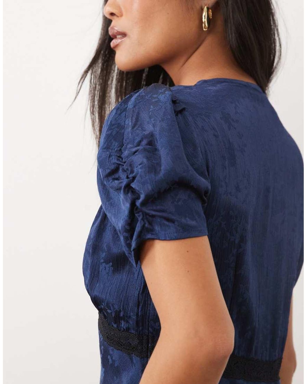 Nobody's Child Petite Blue Nicolette Satin Jacquard Lace-detail Plunge Neck Cap Sleeve Midi Dress