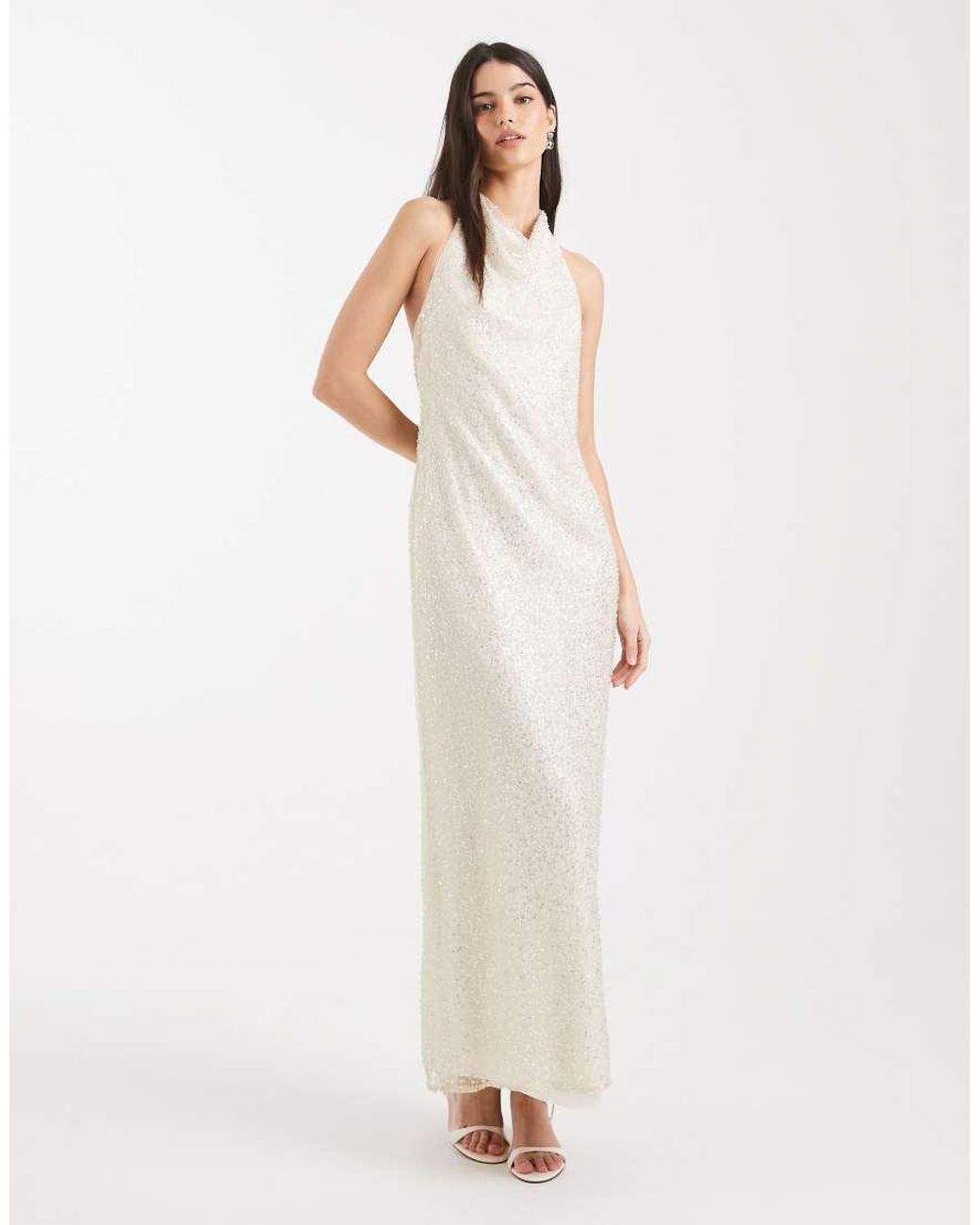 Forever New White Bridal Sequin High Cowl Halter Neck Maxi Dress
