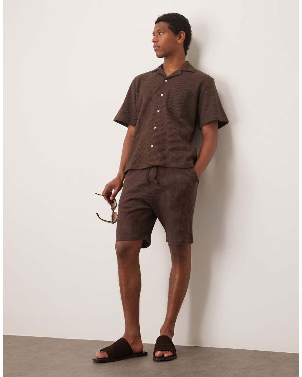 SELECTED Brown Co-ord Revere Collar Waffle Shirt for men